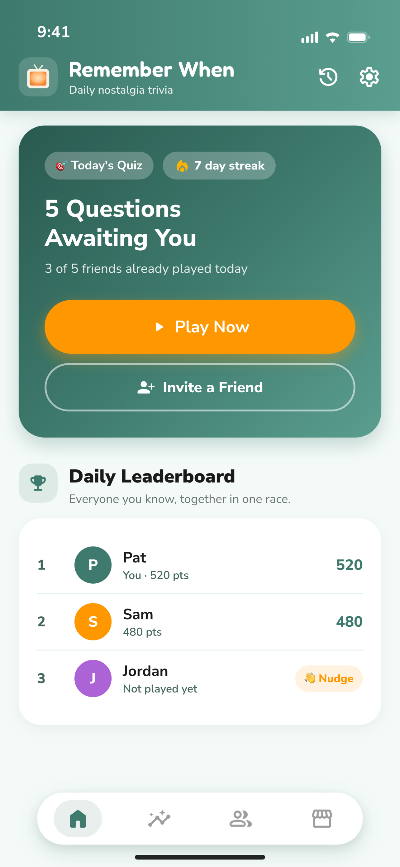 Remember When home screen showing today's five-question quiz, a 7-day streak, and friends' scores