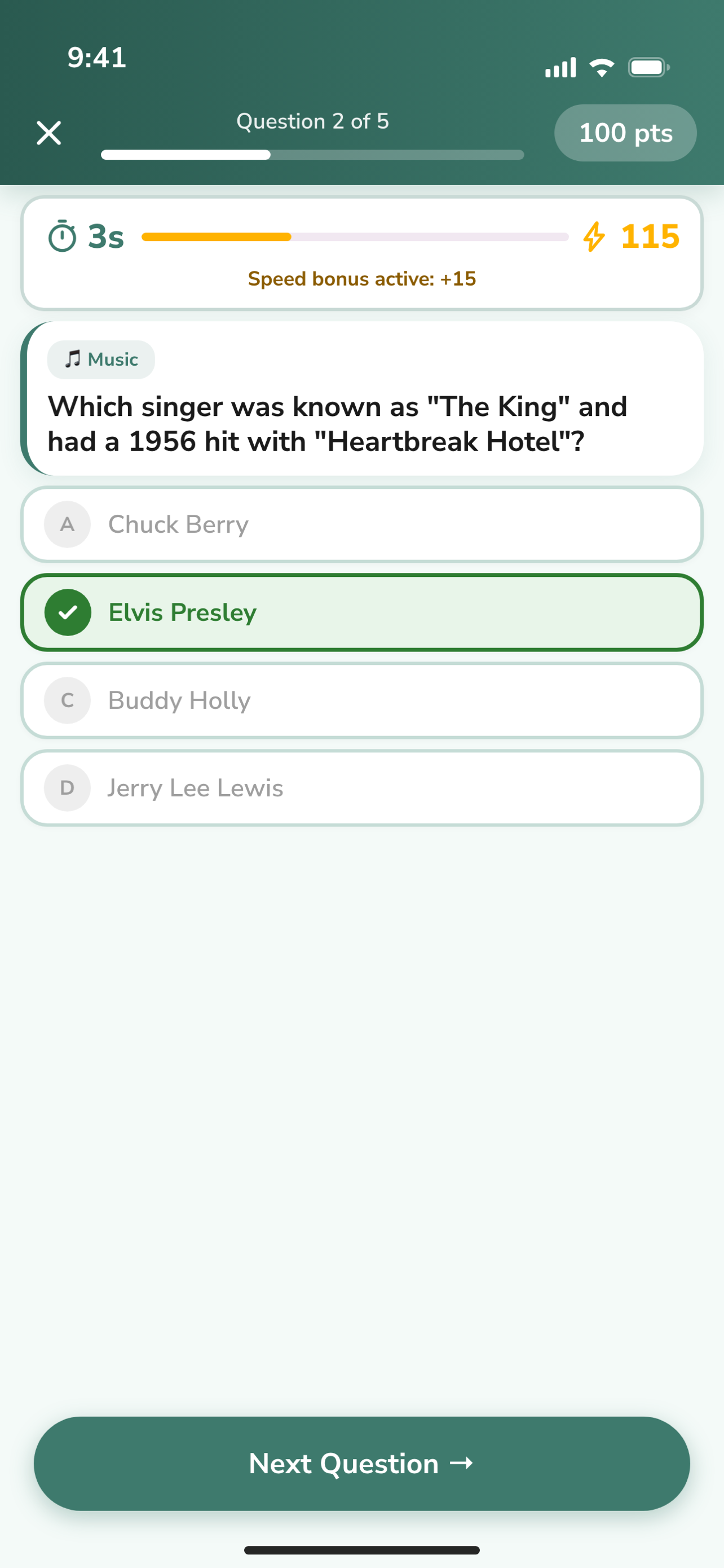 Quiz screen: timer, question, and all four answers plus Next on one screen with no scrolling