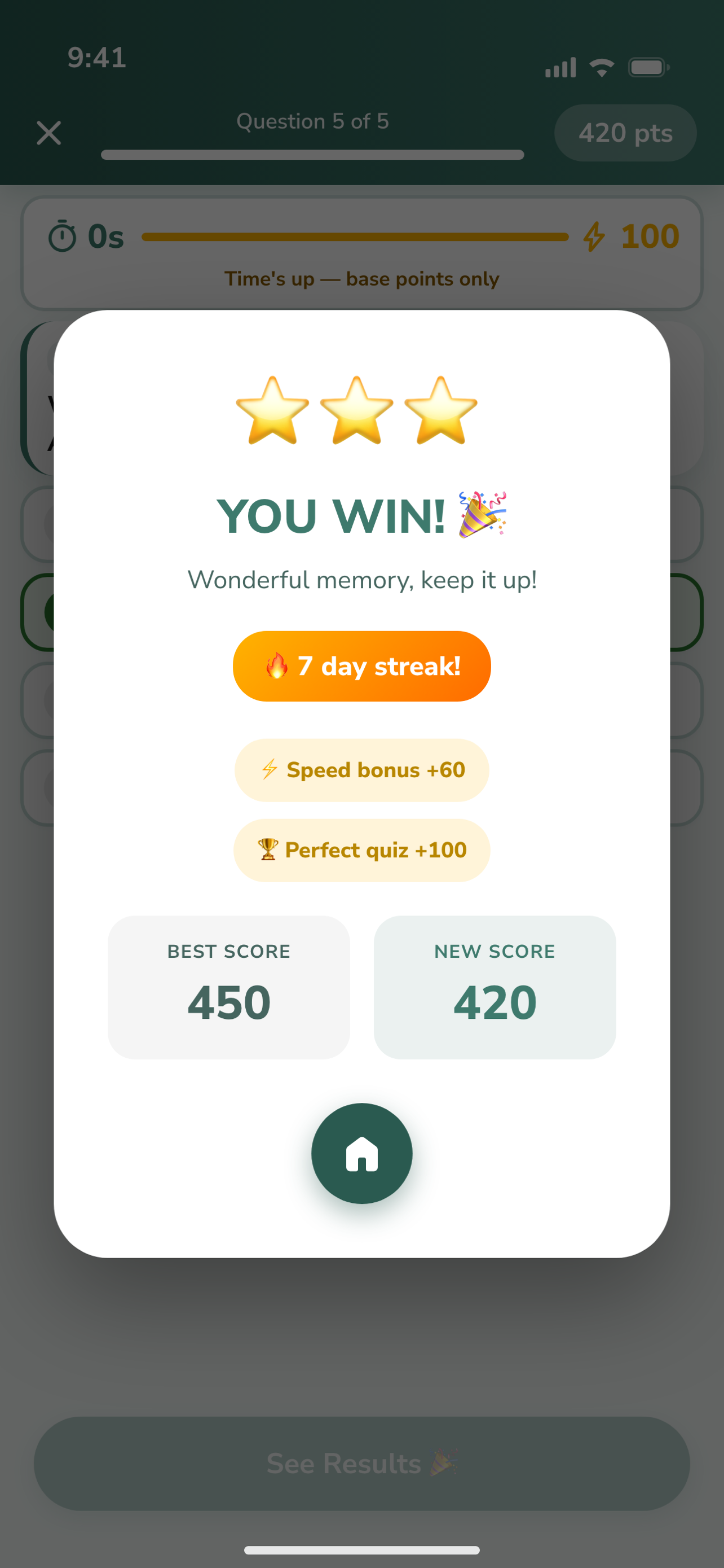 Results screen after today's quiz with a Home button only — no replay