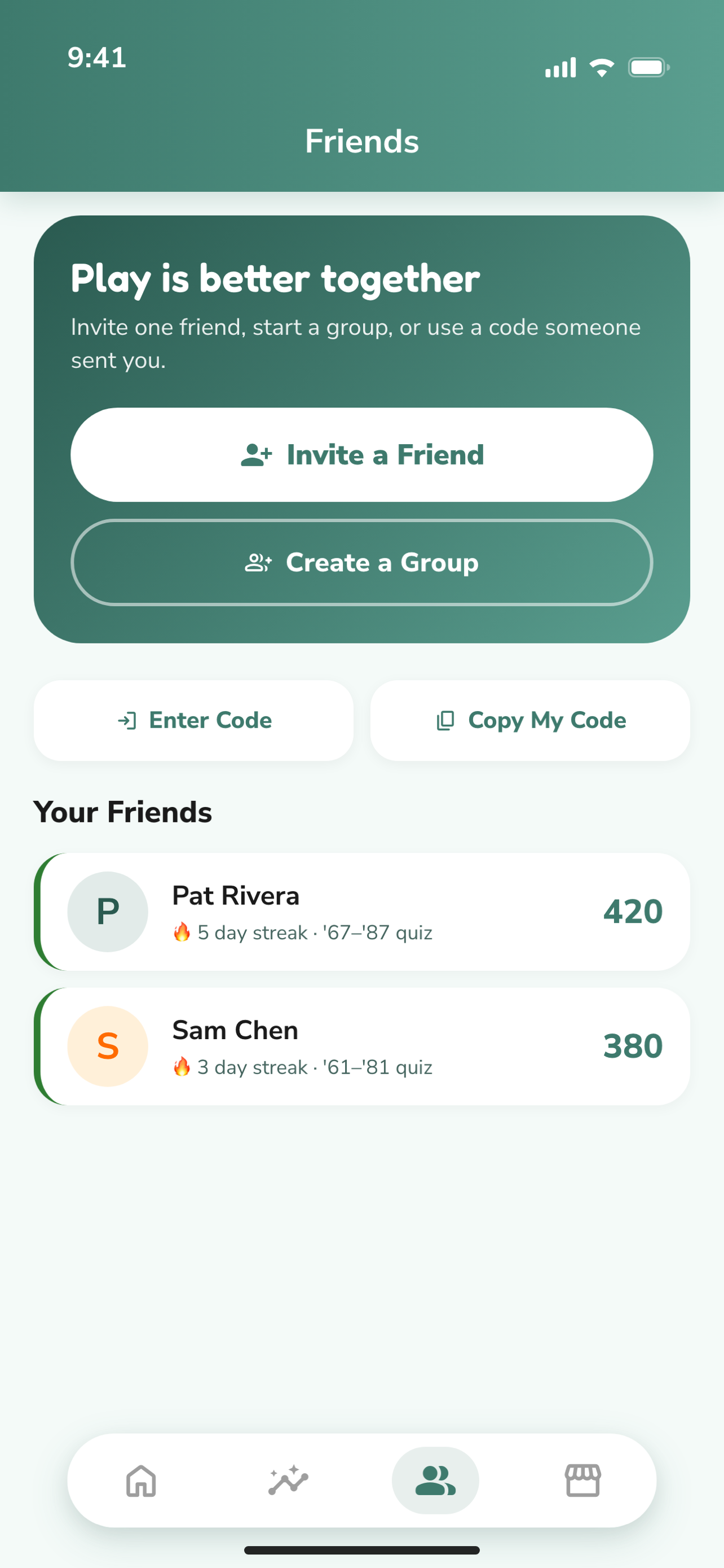 Friends Circle screen: invite code and a leaderboard of friends' daily scores and streaks