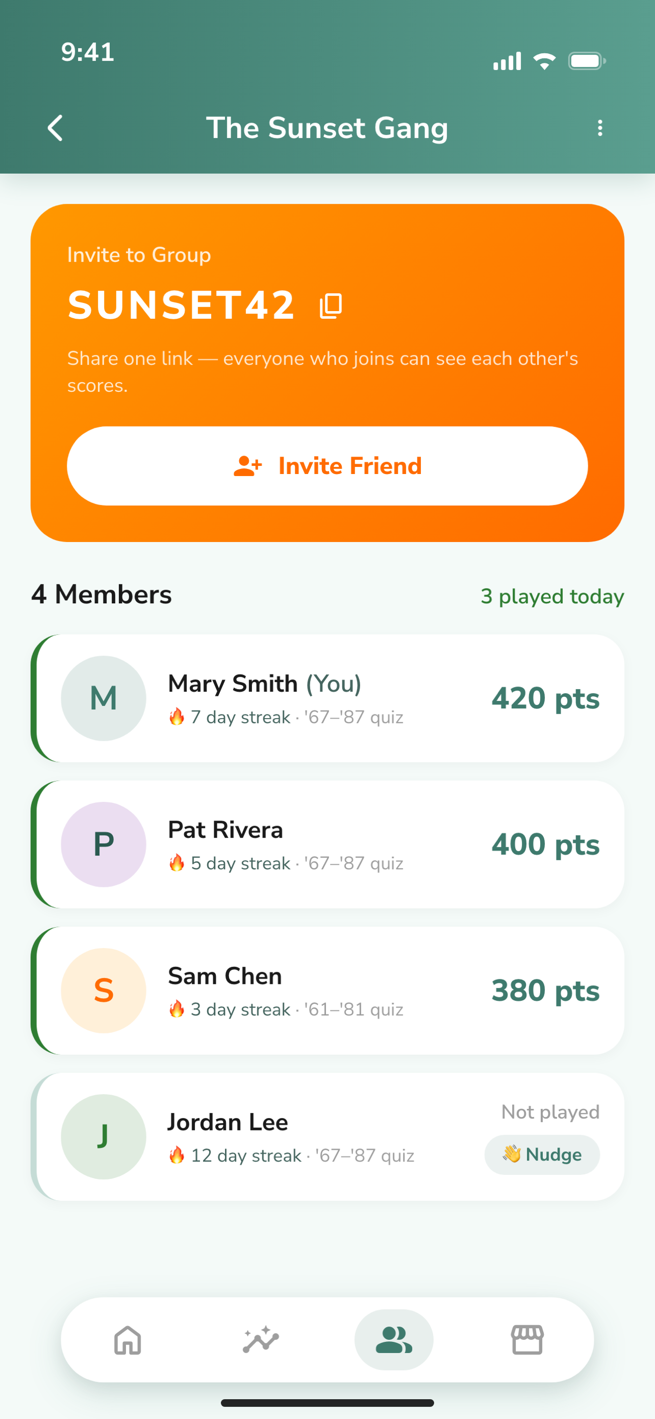 Group screen showing an invite code and daily scores for a four-person group