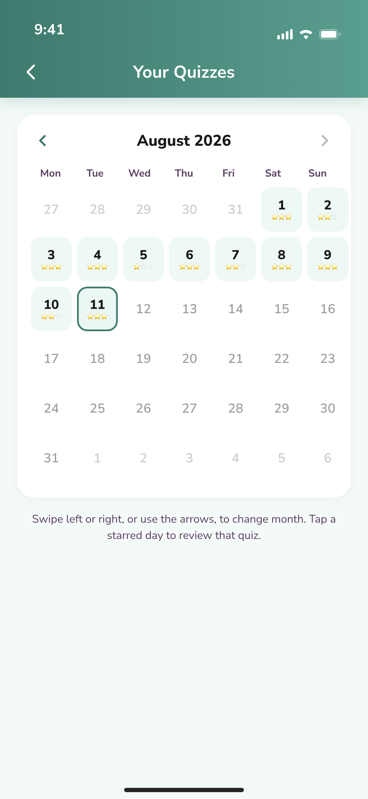 Quiz history calendar: starred days you played, tap a day to review answers